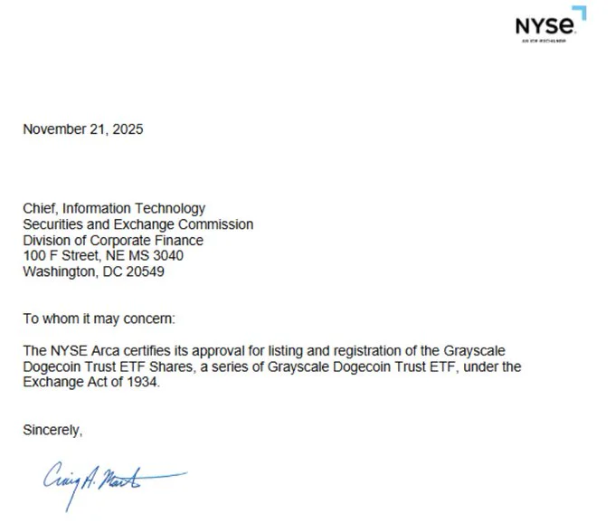 Dokument der NYSE vom 21. November 2025, das die offizielle Zulassung des Grayscale Dogecoin Trust ETF bestätigt.
