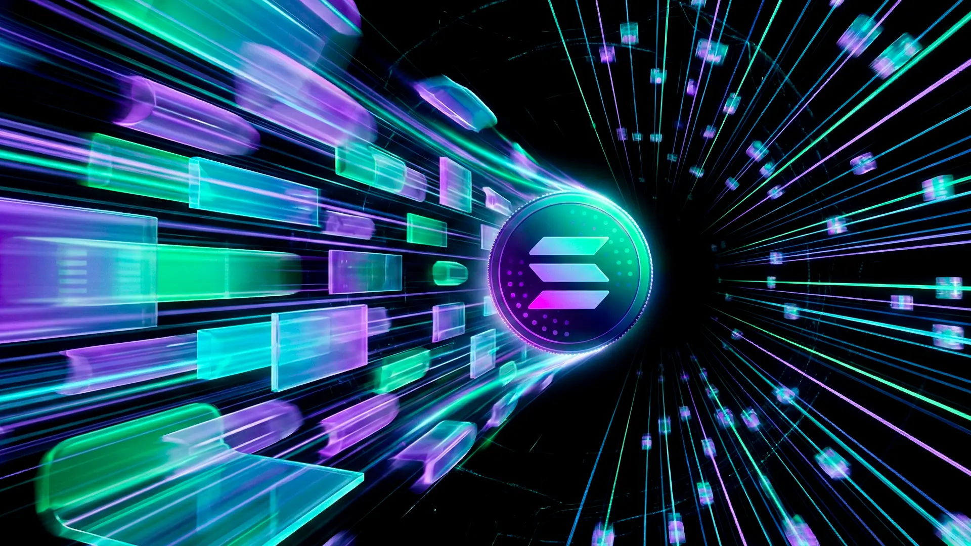 Futuristische 3D-Darstellung des Solana (SOL) Coins, der durch einen digitalen Neon-Tunnel rast und die Geschwindigkeit der Highspeed-Blockchain symbolisiert.