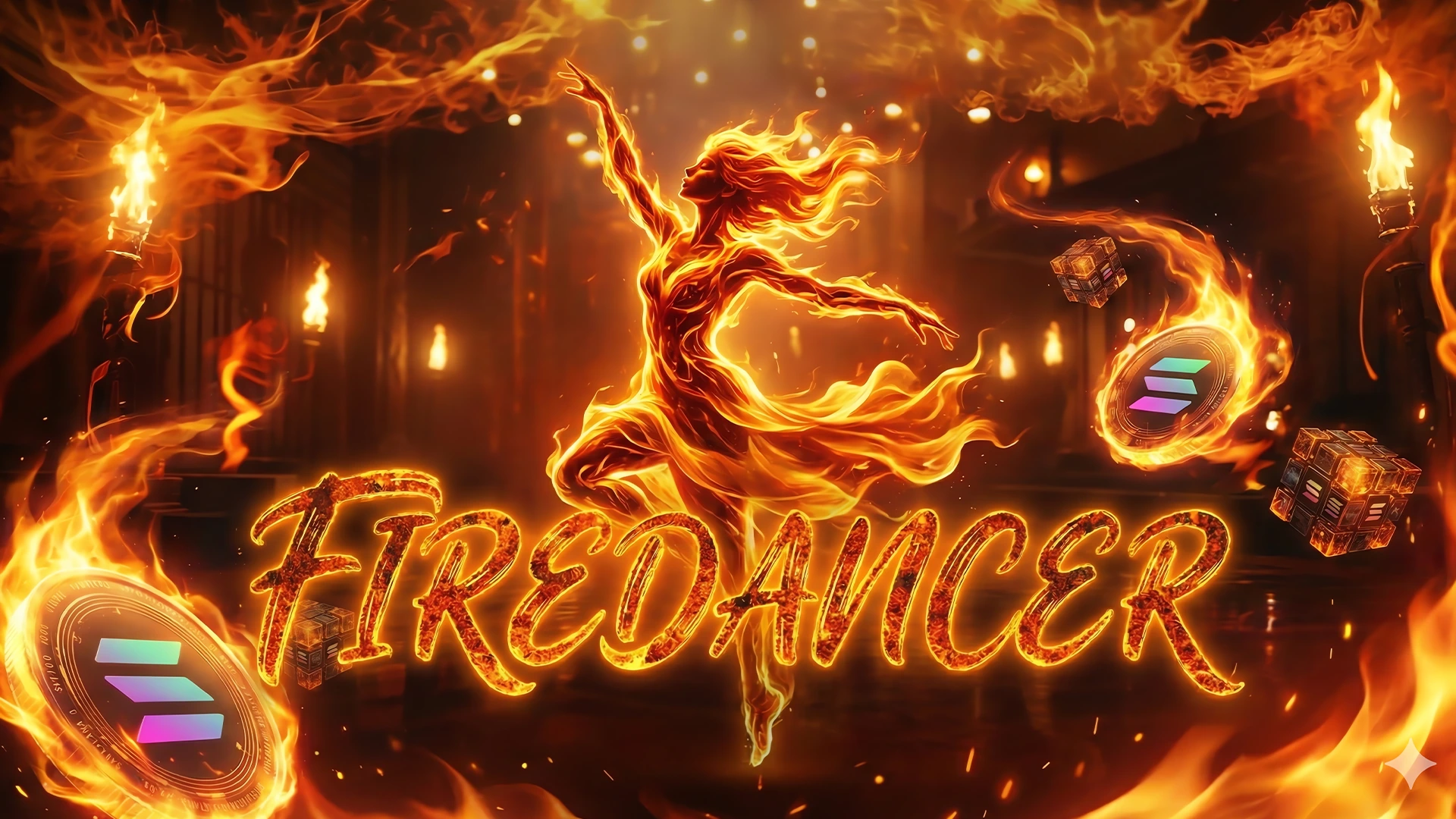 Illustration einer Feuertänzerin mit dem brennenden Schriftzug 'FIREDANCER' und schwebenden Solana-Coins.