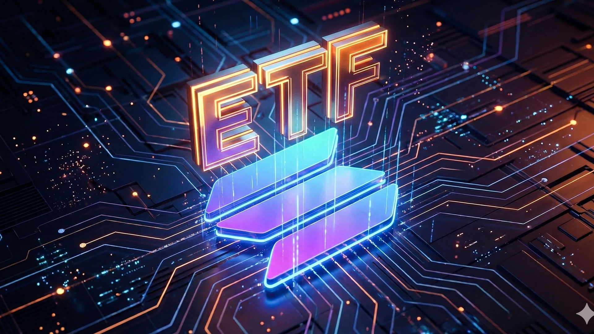 Symbolbild für einen Solana ETF: Das leuchtende Kürzel 'ETF' und das Solana-Logo auf einem digitalen High-Tech-Hintergrund.