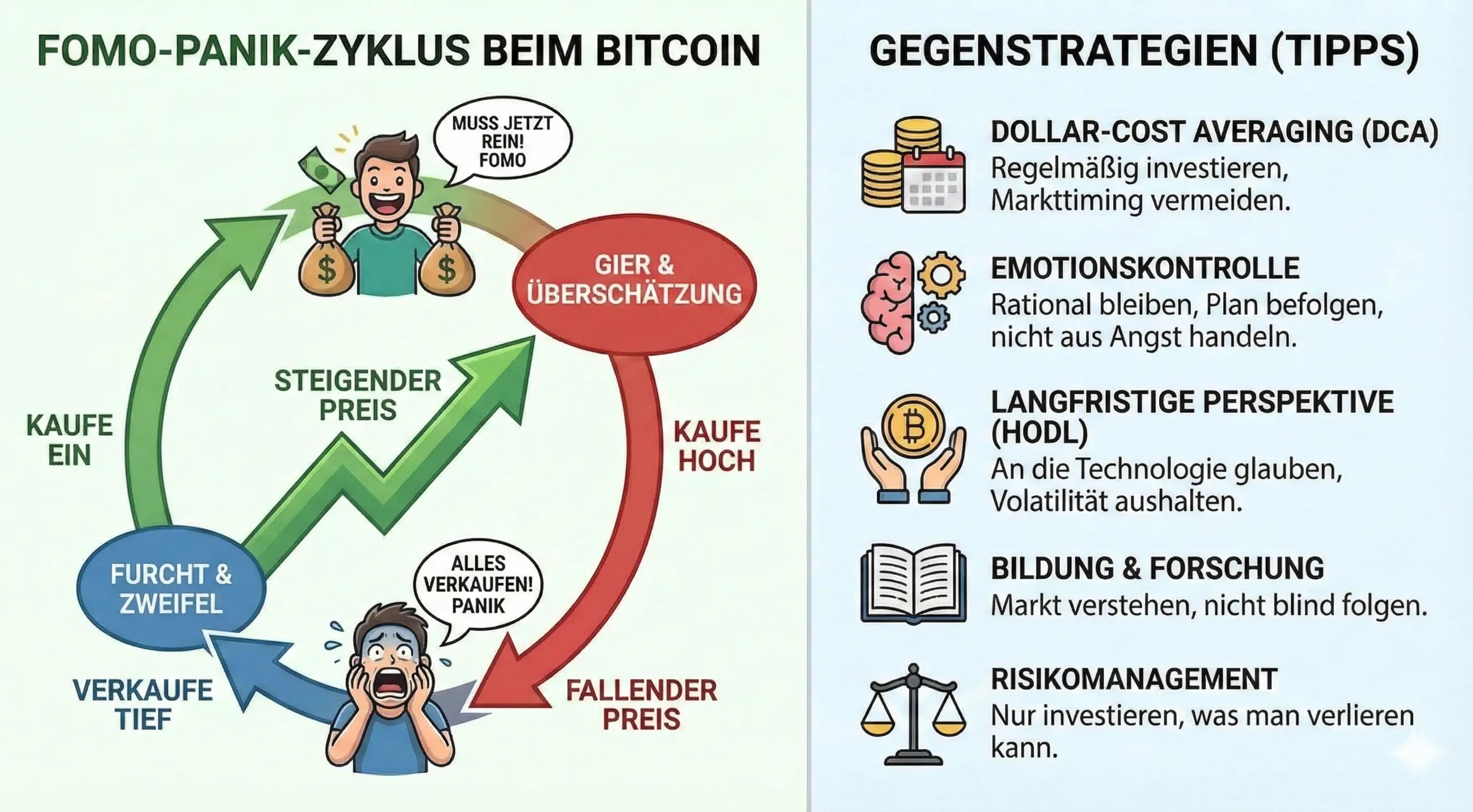 Zweigeteilte Infografik. Die linke Hälfte, betitelt 'FOMO-PANIK-ZYKLUS BEIM BITCOIN', visualisiert einen Kreislauf emotionalen Handelns. Ein grüner Aufwärtspfeil ('STEIGENDER PREIS') führt zu einer freudigen Comicfigur mit Geldsäcken und der Sprechblase 'MUSS JETZT REIN! FOMO'. Dies mündet in einen roten Bereich 'GIER & ÜBERSCHÄTZUNG' mit der Aktion 'KAUFE HOCH'. Ein darauf folgender roter Abwärtspfeil ('FALLENDER PREIS') führt zu einer panischen Figur und der Sprechblase 'ALLES VERKAUFEN! PANIK'. Dies führt zu einem blauen Bereich 'FURCHT & ZWEIFEL' mit der Aktion 'VERKAUFE TIEF'. Ein grüner Pfeil mit dem Text 'KAUFE EIN' schließt den Kreis zurück zum Start. Die rechte Hälfte, 'GEGENSTRATEGIEN (TIPPS)', listet fünf rationale Ansätze mit passenden Icons auf: 1. (Münzenstapel und Kalender) 'DOLLAR-COST AVERAGING (DCA)': Regelmäßig investieren, Markttiming vermeiden. 2. (Gehirn mit Zahnrädern) 'EMOTIONSKONTROLLE': Rational bleiben, Plan befolgen, nicht aus Angst handeln. 3. (Hände halten Bitcoin-Münze) 'LANGFRISTIGE PERSPEKTIVE (HODL)': An die Technologie glauben, Volatilität aushalten. 4. (Offenes Buch) 'BILDUNG & FORSCHUNG': Markt verstehen, nicht blind folgen. 5. (Waage) 'RISIKOMANAGEMENT': Nur investieren, was man verlieren kann.