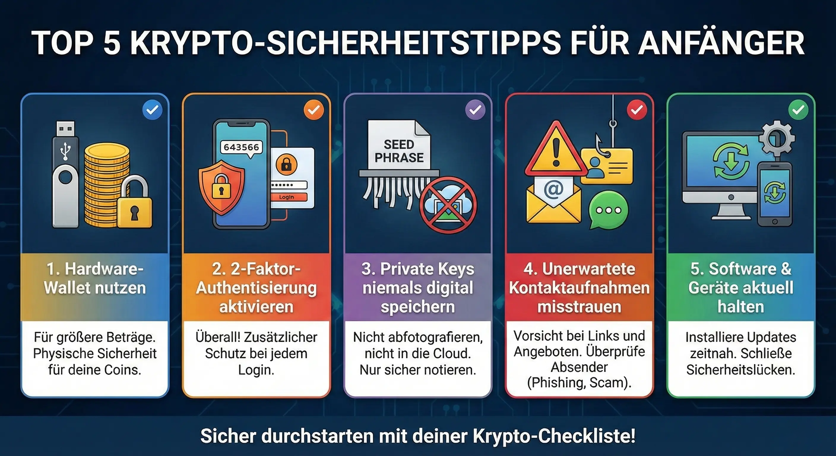 Infografik mit dem Titel 'TOP 5 KRYPTO-SICHERHEITSTIPPS FÜR ANFÄNGER' vor einem dunklen Hintergrund mit Schaltkreis-Mustern. Die Grafik präsentiert fünf farblich kodierte Ratschläge in nebeneinanderstehenden Feldern, jeweils mit einem Icon und einem Haken versehen: 1. (Blau, Icon: USB-Stick/Wallet, Münzen, Schloss) 'Hardware-Wallet nutzen': Für größere Beträge als physische Sicherheit. 2. (Orange, Icon: Smartphone mit 2FA-Code und Login-Schutz) '2-Faktor-Authentisierung aktivieren': Überall als zusätzlicher Schutz. 3. (Lila, Icon: Schredder zerstört Papier mit 'SEED PHRASE', durchgestrichene Cloud) 'Private Keys niemals digital speichern': Nicht abfotografieren oder in die Cloud laden, nur sicher notieren. 4. (Rot, Icon: Warnschild, Angelhaken fischt nach Daten in E-Mail) 'Unerwartete Kontaktaufnahmen misstrauen': Vorsicht vor Phishing und Scam. 5. (Grün, Icon: Computer und Smartphone mit Update-Symbolen) 'Software & Geräte aktuell halten': Updates installieren, um Sicherheitslücken zu schließen. Am unteren Rand steht der abschließende Satz: 'Sicher durchstarten mit deiner Krypto-Checkliste!'.