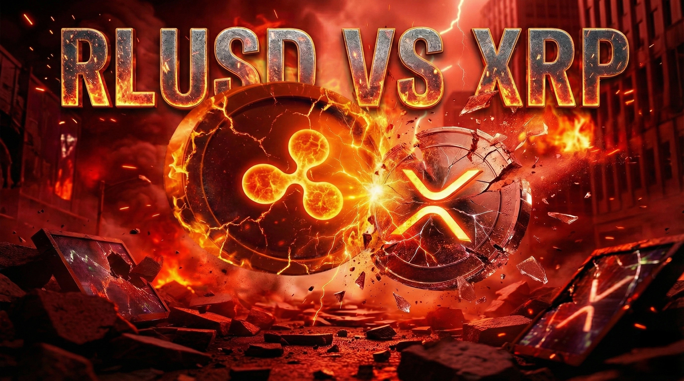 Eine dramatische 16:9 Illustration, die zeigt, wie der RLUSD Coin einen XRP Coin rammt und zerstört. Der XRP zerbricht in Fragmente vor einem feurigen, rötlichen Hintergrund. In der Mitte prangt der Text „RLUSD VS XRP“.