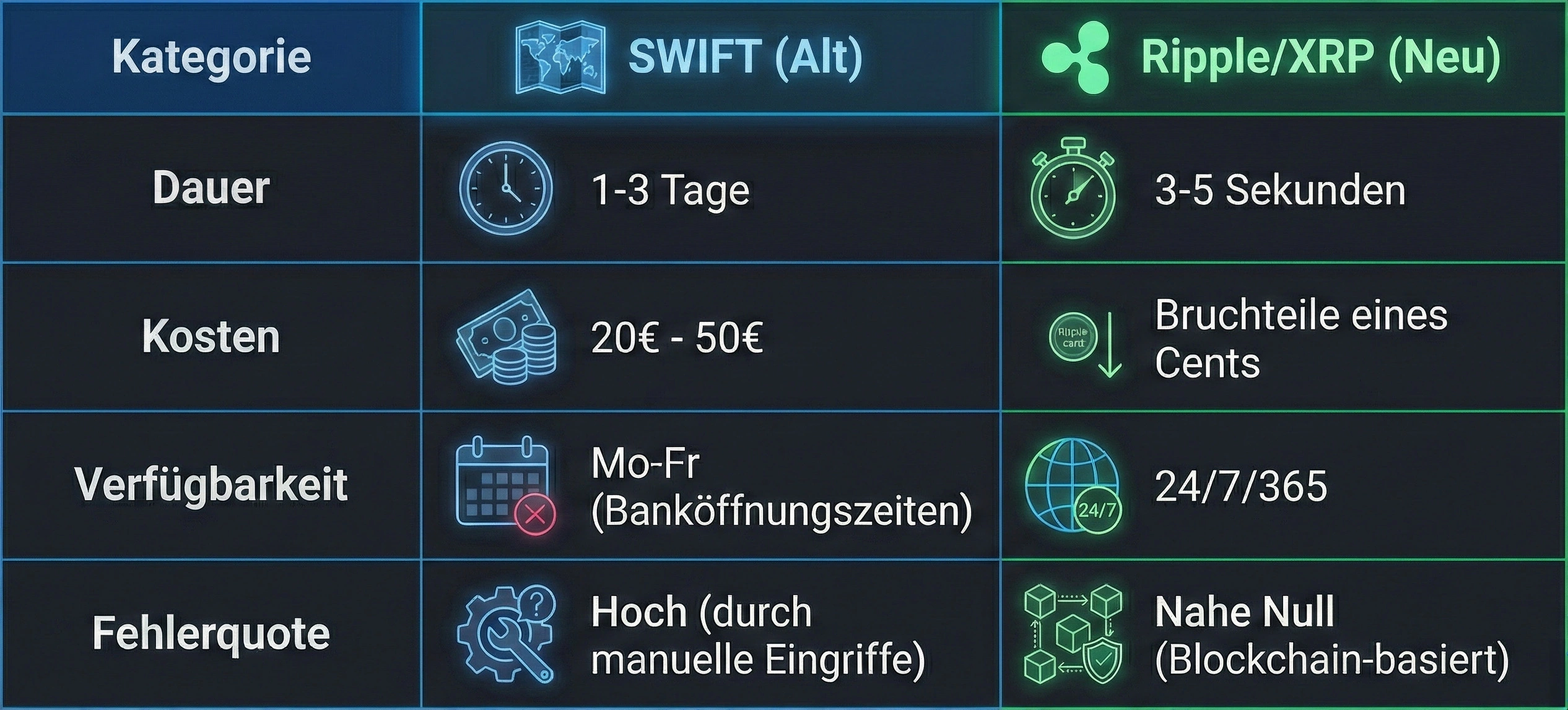 Infografik im Dark Mode: Leistungsvergleich zwischen SWIFT und Ripple/XRP. Die Tabelle zeigt die Vorteile von Ripple in den Kategorien Dauer, Kosten, Verfügbarkeit und Fehlerquote.