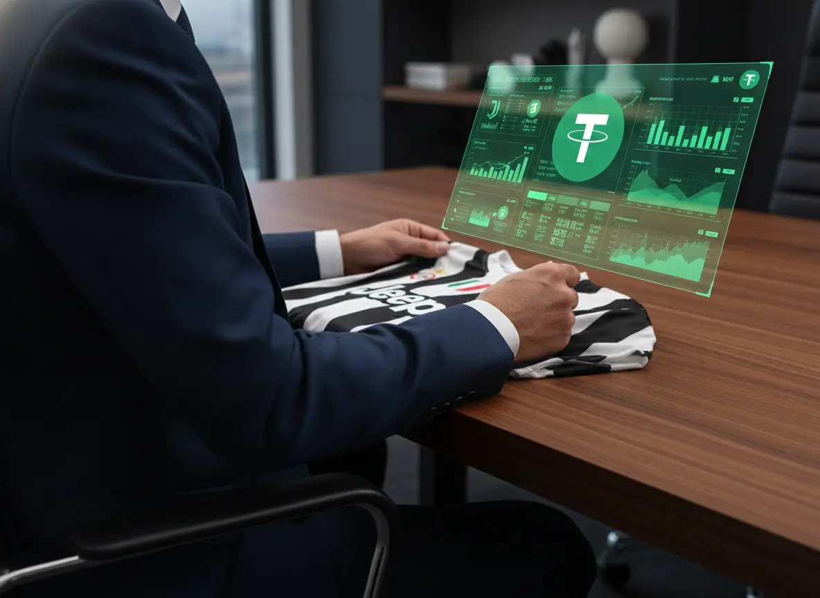 Detailaufnahme eines Geschäftsmannes in Anzug, der symbolisch ein Trikot von Juventus Turin in Schwarz-Weiß über dem Arm hält, sitzend an einem luxuriösen Schreibtisch mit futuristischem, holografischem Krypto-Dashboard im Hintergrund. Das Bild visualisiert die Ambition des Krypto-Unternehmens (Tether) zur Übernahme des Fußballklubs Juventus.