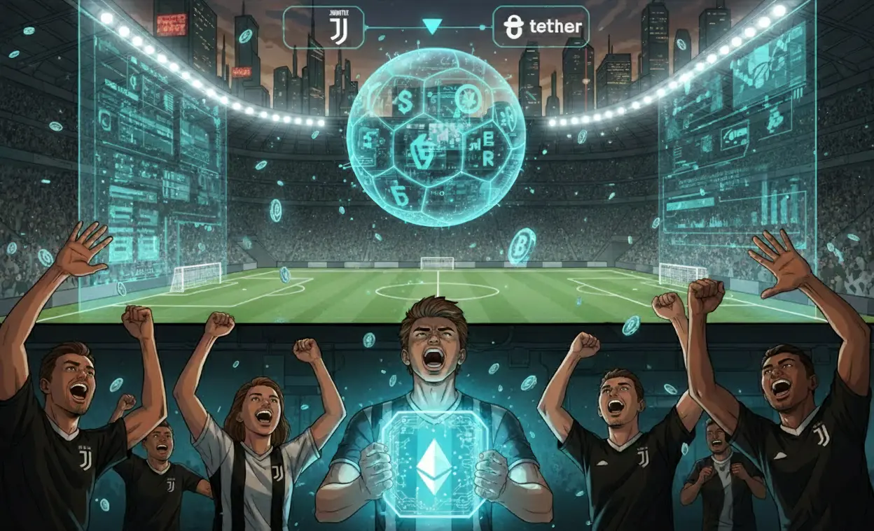 Illustration der Synergie zwischen Kryptowährung und Fußball: Eine futuristische, leuchtend grüne Krypto-Landschaft (symbolisiert Tether) verschmilzt mit der Atmosphäre eines Fußballstadions (symbolisiert Juventus), was die Integration von digitaler Finanzen und Sport visualisiert.