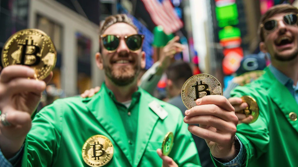 Mehrere Personen in grünen Jacken halten Bitcoin-Münzen und feiern steigende Kryptomärkte in einer urbanen Umgebung.“