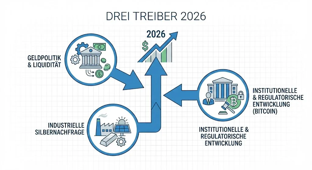 Minimalistische Finanz-Infografik mit dem Titel '2026 Market Drivers'. Das Diagramm visualisiert drei zentrale Markttreiber für das kommende Jahr: 1. Geldpolitik und Liquidität, 2. Industrielle Silbernachfrage und 3. Institutionelle Entwicklung bei Bitcoin. Dargestellt durch simple Icons (Finanz, Industrie, Krypto) und Verbindungspfeile auf einem dunkelblauen Hintergrund.
