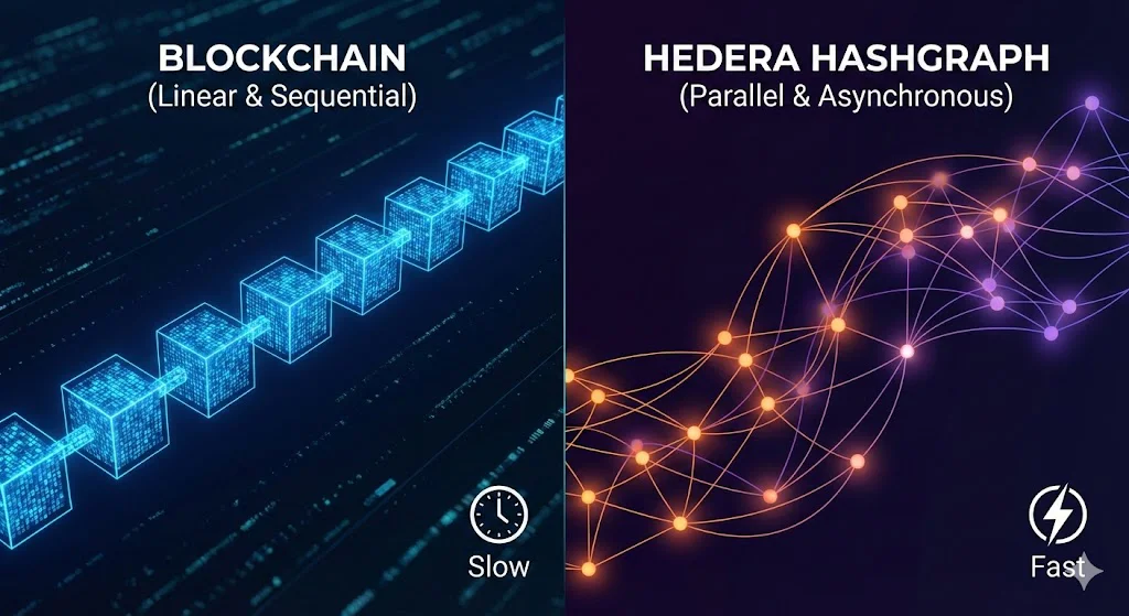 Infografik Vergleich: Links die lineare, langsame Struktur einer Blockchain mit blauen Blöcken. Rechts das schnelle, parallele Hedera Hashgraph Netzwerk als verbundenes Gewebe aus Punkten.