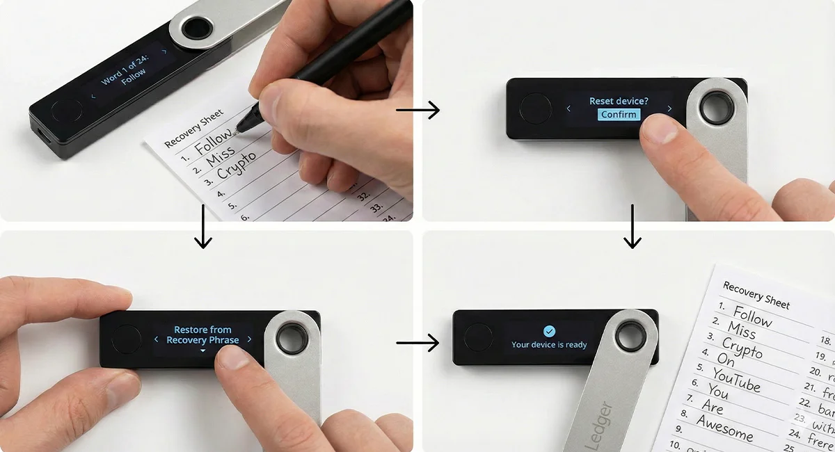 Vierteilige Foto-Anleitung zur Verifizierung der Wiederherstellungswörter (Seed Phrase) auf einer Ledger Hardware Wallet. Die Bilder zeigen das Notieren der Wörter auf Papier, das Zurücksetzen des Geräts und die anschließende Wiederherstellung zur Prüfung. Auf dem Notizzettel sind humorvoll die Wörter 