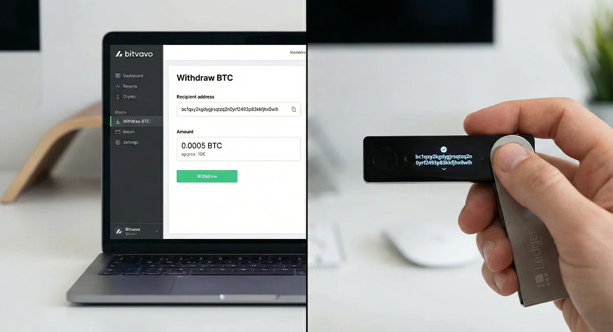Split-Screen-Foto, das die Sicherheitsüberprüfung bei einer Krypto-Transaktion zeigt. Links ist ein Laptop mit der Oberfläche der Bitvavo-Börse zu sehen, auf der eine Bitcoin-Auszahlung von 0.0005 BTC vorbereitet wird. Rechts hält eine Hand ein Ledger Nano X Hardware Wallet. Auf dem kleinen Display des Ledger wird exakt dieselbe Bitcoin-Empfangsadresse zur manuellen Bestätigung angezeigt, um sicherzustellen, dass sie nicht manipuliert wurde.