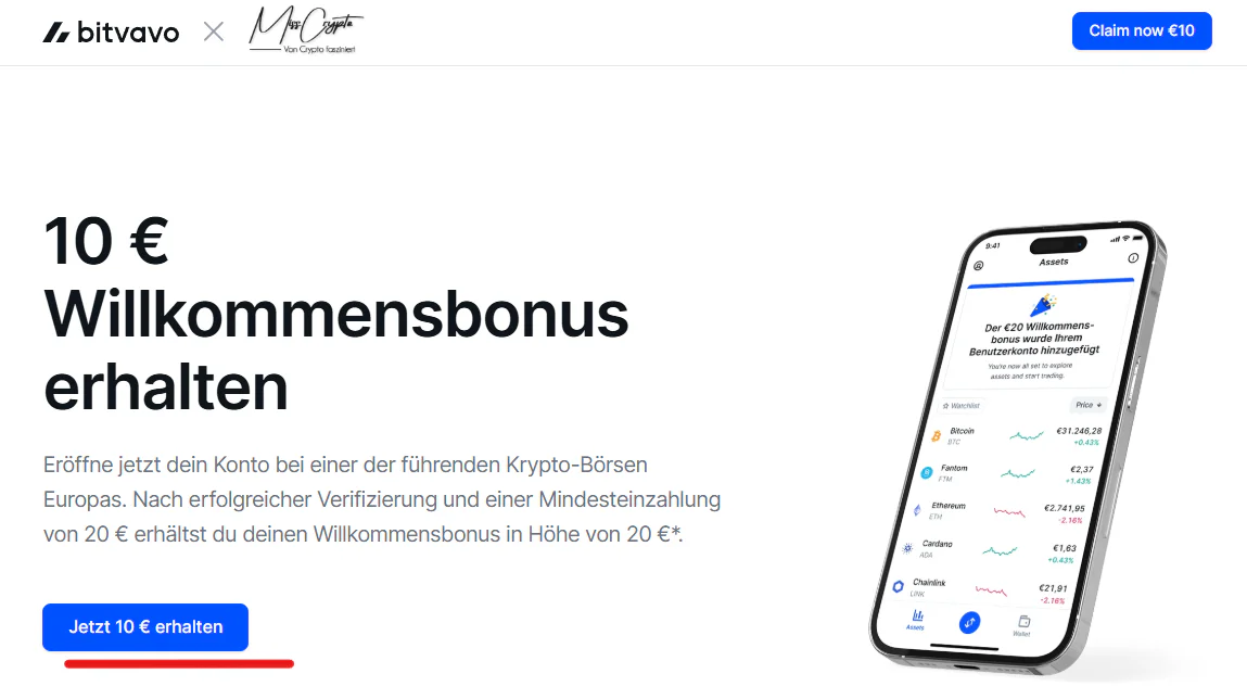 Bitvavo Willkommensbonus: 10 € Bonus für Neukunden nach Kontoeröffnung und Verifizierung, angezeigt neben Smartphone mit Krypto-App und Kursübersicht.