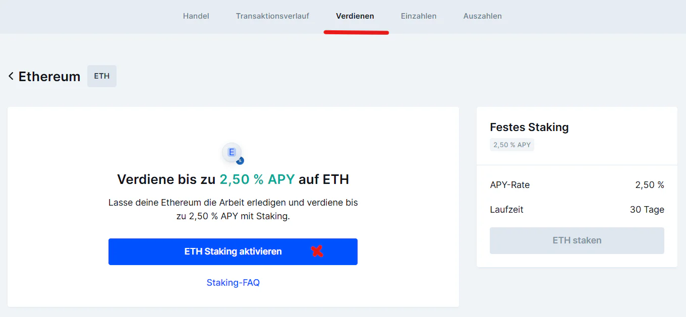 Ethereum-Staking in der Bitvavo-App: Übersicht zum festen Staking mit bis zu 2,50 % APY, 30 Tage Laufzeit, Button „ETH Staking aktivieren“ und Bereich „Verdienen“ ausgewählt.