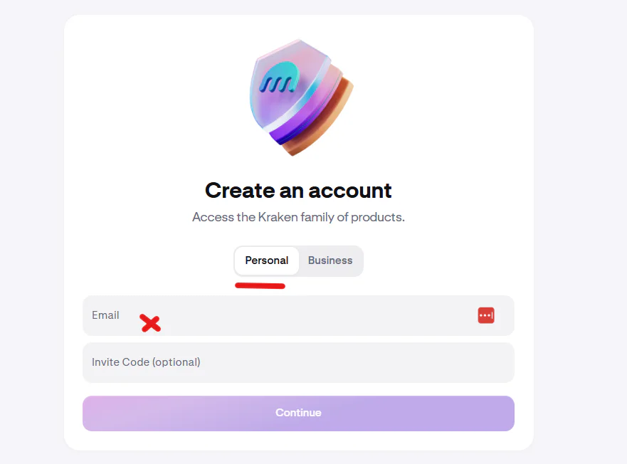 Kraken Kontoerstellung: Registrierungsseite mit Auswahl zwischen Privat- und Geschäftskonto, Eingabefeld für E-Mail-Adresse, optionalem Einladungscode und Button „Continue“.