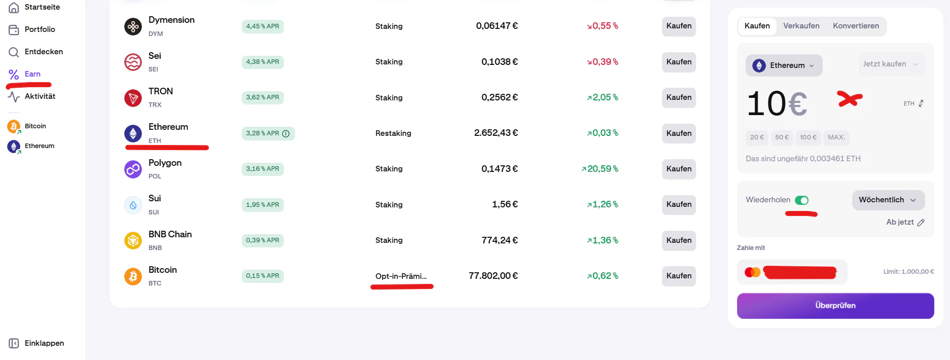 Kraken Ethereum-Staking und Sparplan-Ansicht: ETH-Preis bei 2.654,51 €, Kursverlauf über 24 Stunden, Kauf- und Sparplan-Funktion mit wöchentlicher Wiederholung und Zahlungsoption per Mastercard.