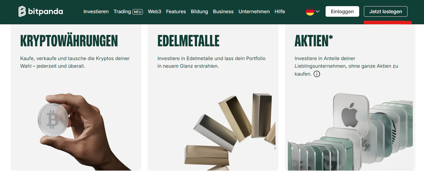 Bitpanda Startseite: Übersicht der Anlageklassen Kryptowährungen, Edelmetalle und Aktien mit Investitionsoptionen, Navigationsleiste und Anmeldebereich.