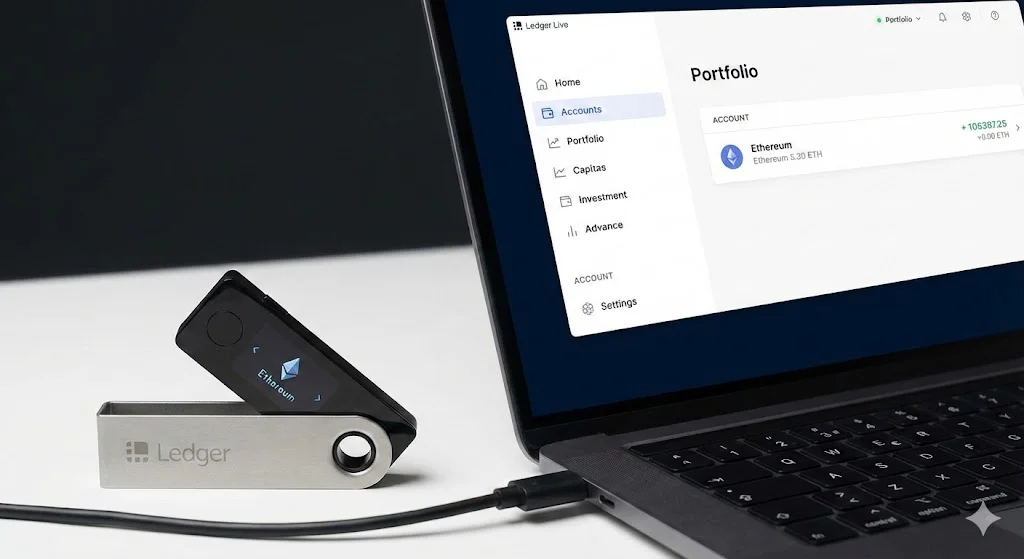 Ledger Hardware-Wallet verbunden mit Laptop: Ledger Live Portfolio-Ansicht auf dem Bildschirm und angeschlossenes Ledger-Gerät mit Ethereum-App zur sicheren Verwaltung von Kryptowährungen.
