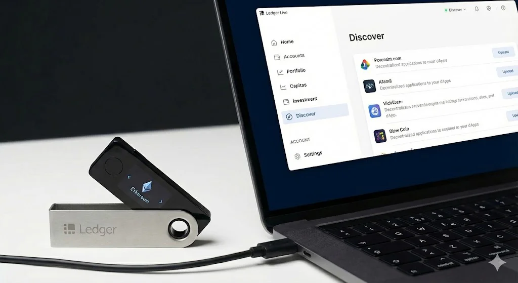 Ledger Hardware-Wallet neben Laptop mit Ledger Live: Geöffneter „Discover“-Bereich zur Nutzung von Web3-Apps und dezentralen Anwendungen direkt aus der Wallet.