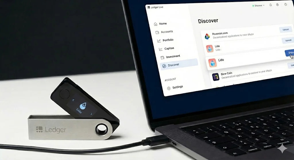 Ledger Hardware-Wallet mit Lido-App verbunden: Laptop zeigt Ledger Live „Discover“-Bereich mit Lido-Staking für Ethereum und weiteren Web3-Anwendungen.