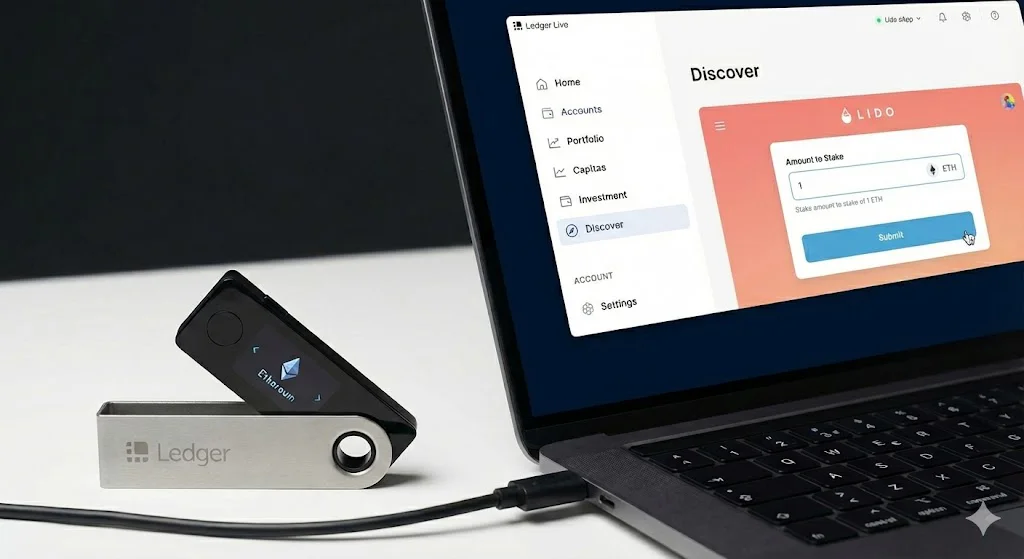 Ledger Hardware-Wallet mit Ethereum-App neben Laptop: In Ledger Live ist der „Discover“-Bereich geöffnet, der Lido-Staking zeigt mit Eingabefeld zum Staken von Ethereum und Schaltfläche „Submit“.