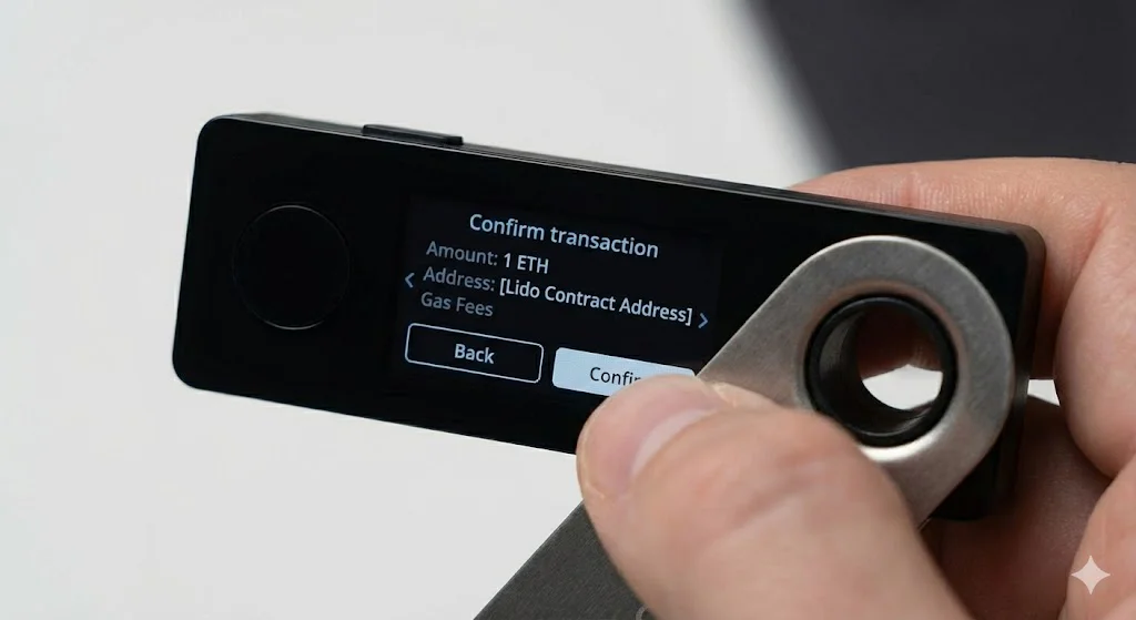 Bestätigung einer Ethereum-Transaktion auf einem Ledger Hardware-Wallet: Anzeige der Transaktionsdetails für 1 ETH an eine Lido-Smart-Contract-Adresse inklusive Gasgebühren und Bestätigungsoption.