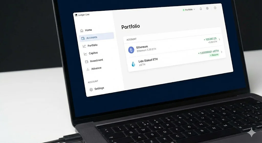 Ledger Live Portfolio-Ansicht auf einem Laptop: Übersicht der Ethereum-Bestände inklusive gestaktem ETH über Lido (stETH) mit angezeigten Rewards.
