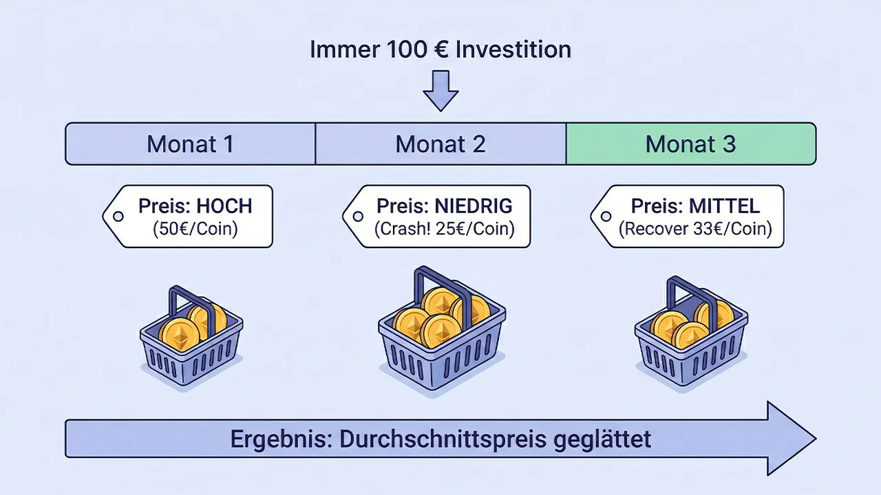 Chart-Vergleich zwischen Einmalinvestition (Lump Sum) und DCA-Strategie: Zeigt, wie regelmäßiges Investieren bei hoher Volatilität zu 55% Gewinn führt, während die Einmalanlage stagniert.