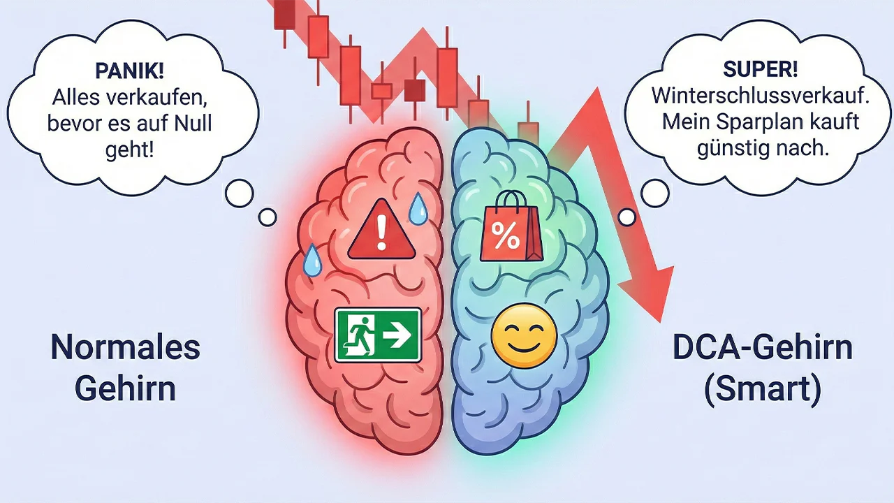 Psychologie des Investierens: Illustration eines geteilten Gehirns. Links Panik bei fallenden Kursen, rechts Freude über günstige Nachkaufkurse dank automatisierter DCA-Strategie.