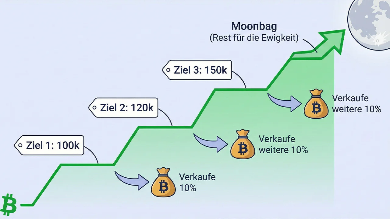 DCA-Out Strategie Visualisierung: Ein ansteigender Bitcoin-Chart mit stufenweisen Verkaufszielen zur Gewinnmitnahme und einem verbleibenden Moonbag für langfristiges Wachstum.